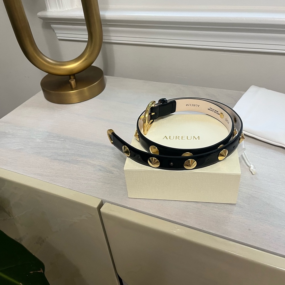 AUREUM Black Leather Belt with Gold Studs